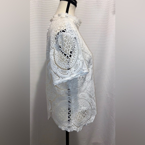 Women Ultra Pink short sleeves all over lace crochet scallop hem white top Sz XL - Picture 3 of 10